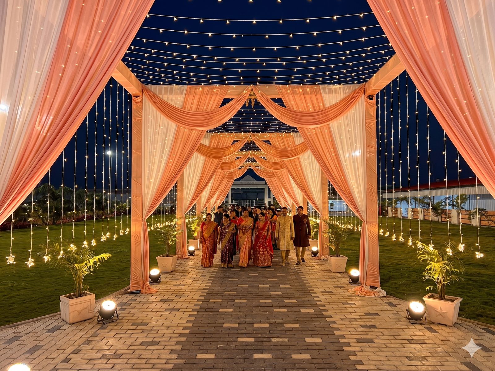 Peach drapes and fairy lights over the paved pathway