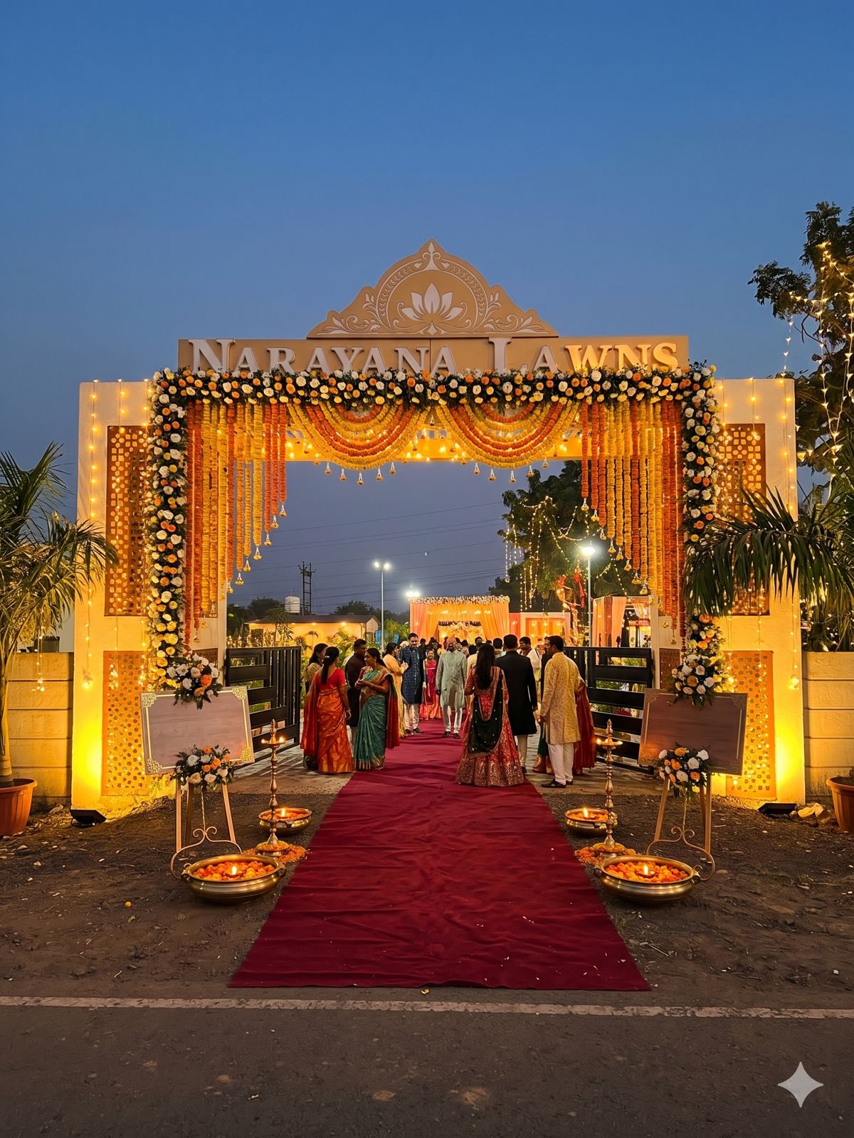 Decorated entrance gate with red carpet and marigold drapes at dusk