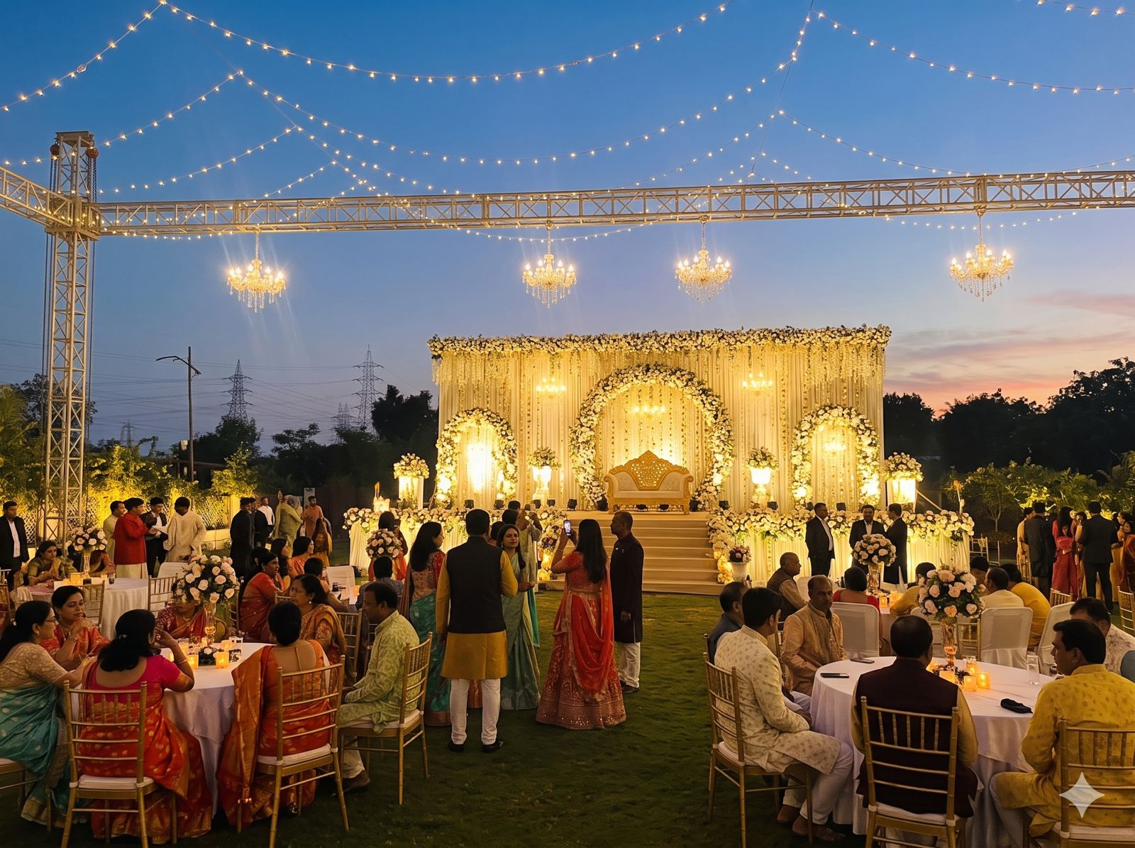Wedding reception stage with ivory floral backdrop and chandeliers